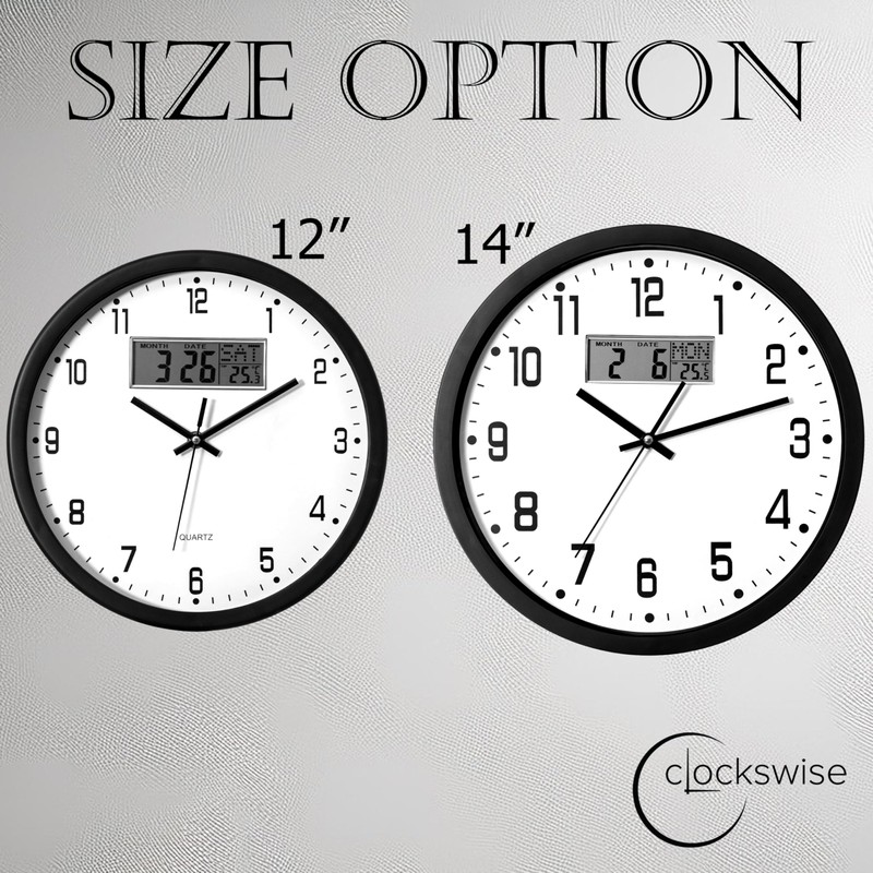 Clockswise 14-inch Wall Clock, Non-Ticking Analog & Digital with Temperature