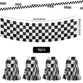 4 Pack Race Car Foil Fringe Garland Black White Checkered Party Decorations