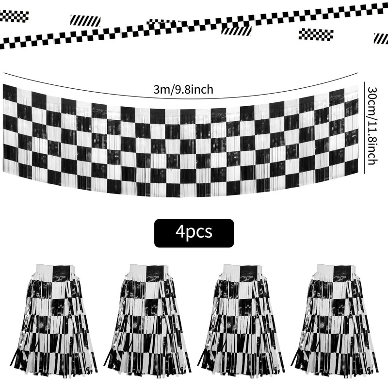 4 Pack Race Car Foil Fringe Garland Black White Checkered