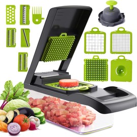 Vegetable Chopper, Onion Chopper, Potato Grater - 12 in 1 Multi-Functional Mandoline Slicer, Veggie Fruit Dicer Cutter with Colander Basket and Container - Grey