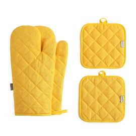 Oven Mitts and Pot Holders 4 pcs Set,High Heat Resistant 500 Degree Extra Thicken Long Kitchen Cotton Oven Glove for Cooking (12 Inch,Yellow)