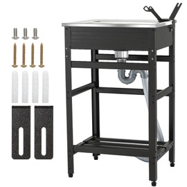 Ajikgn 19.69"(L)×15.75"(W)×32.09"(H) Free Standing Utility Sink, Laundry Sink with Storage Shelve and Adjustable Feet(0~0.39"), Soap & Water Pipe Holder for Laundry Room, Garage, Basement