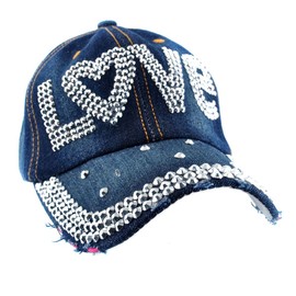 elonmo Cute Carta LOVE joya Rhinestone Bling - Gorra de béisbol sombreros Jeans Wash Denim, Azul oscuro