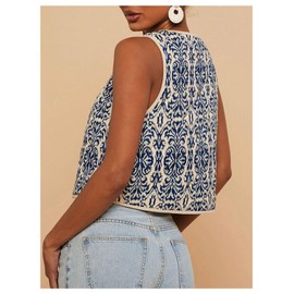 SHENHE Women's Tie Front Tribal Print Boho Vest Sleeveless Vintage Western Vest Outwear Blue and White Medium