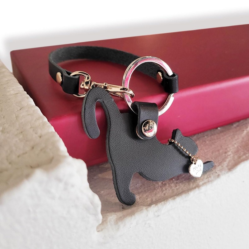 byDream Cat Keychain with Lanyard Cat Key Ring Genuine Leather