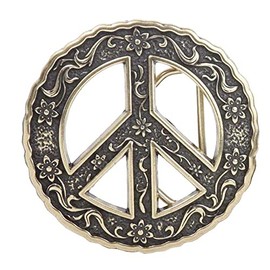 Round Perforated Floral Engraving Peace Sign Belt Buckle, Antique Gold