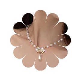 Eviarli Boho Pearl Bow Necklace Teardrop Pearl Pendant Necklace Crystal Bow Tie Necklace Pearl Bead Chain Necklace Wedding Pearl Necklace Jewelry for Women and Teen