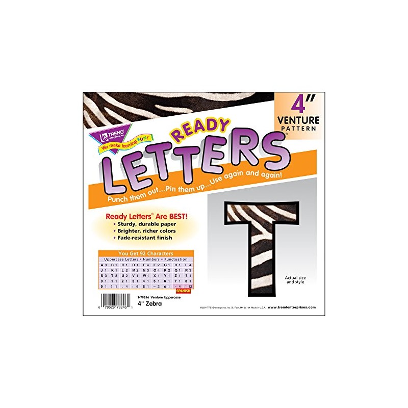 Trend Enterprises Venture Uppercase Ready Letters (93 Piece), 4", Zebra