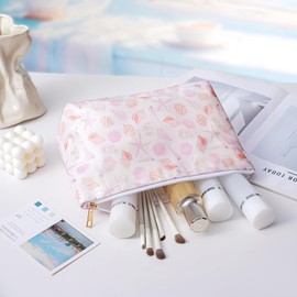 Large Waterproof Travel Sunscreen Makeup Bag with Bow Pattern,Aesthetic PVC Toiletry Bag,Coquette Beach Cosmetic Bag Organizer,Cute Preppy Travel Accessories Essentials for Women and Girls (Shell)