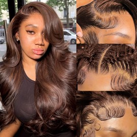 ozkan 28 Inch Chocolate Brown 13x6 Body Wave Lace Front Wigs Human Hair Pre Plucked with Baby Hair 180% Density Colored Brown HD Full Frontal Lace Wigs Human Hair for Women