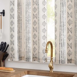jinchan Boho Stripe Kitchen Curtains Set Linen Tier Curtains Bohemian Small Window Curtains 36 Inch Cafe Curtains for Living Room Bathroom Window Treatments Rod Pocket 3 Pieces Set Black on Beige