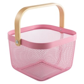 Ymeibe Mesh Steel Storage Organizer Basket Fruit Basket Bin with Wood Handle Ideal for Kitchen Bathroom Picnic Pantry Cabinets Storage Home Decor (Pink)