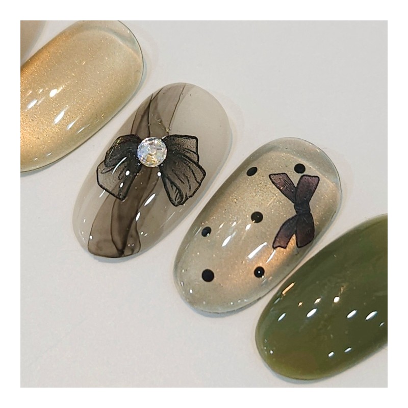 Black chiffon ribbon handmade nail tips - Coffin Long /