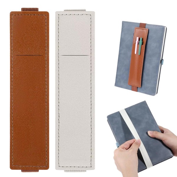 Luhaomisky 2Pcs Brown White Elastic Pen Holder Adjustable PU Leather