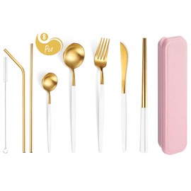 AARAINBOW 8 Pieces Stainless Steel Flatware Set Portable Reusable Cutlery Set Travel Utensils Set Including Chopsticks Knife Fork Spoon Straws Cleaning Brush Dishwasher Safe (White Golden)