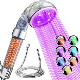 VewePata Filter Shower Head, Handheld Shower with 1.5m Shower Hose, Water-Saving High-Pressure Shower Heads for Dry Skin & Hair (7 Colors led Shower with Hose)