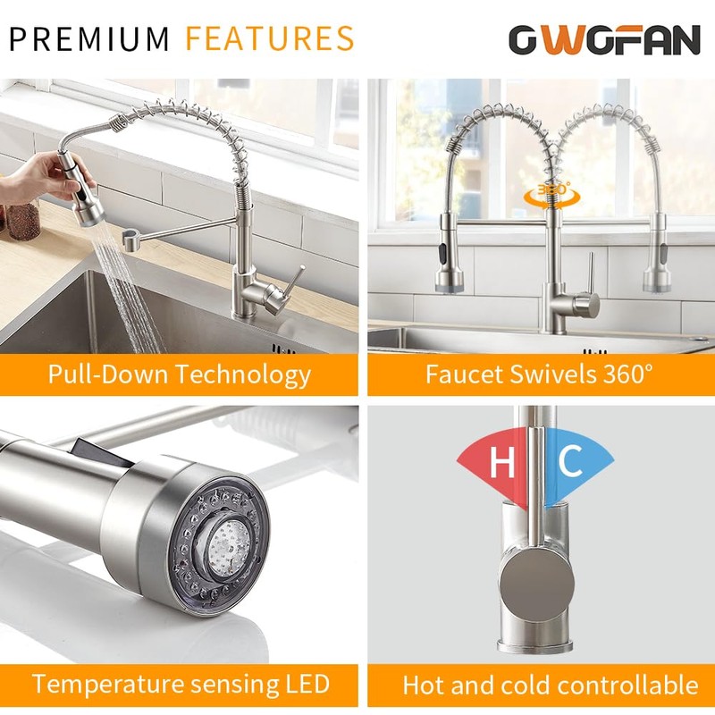 LED Light Kitchen Faucet with Pull Down Sprayer Sus304 Stainless