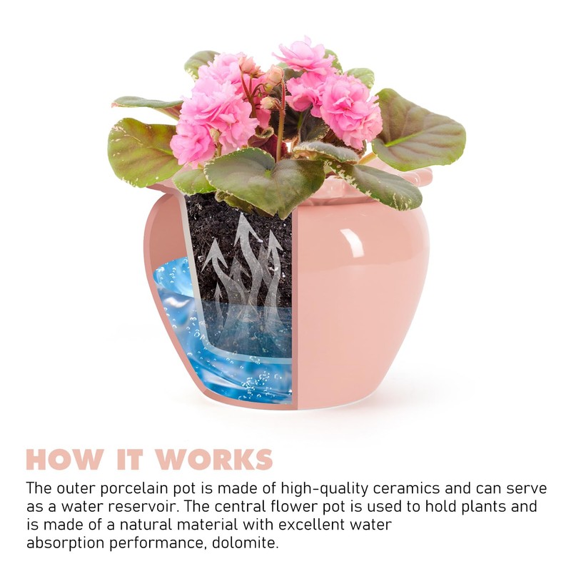 Tbpro 8in Ceramic African Violet Pots Self Watering Pink Ceramic