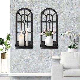 Black Metal Wall Art Holder Set of 2,Rustic Farmhouse Home Wall Decor,Bohemian Line Wall Candle Holder for Living Room Bathroom Fireplace Housewarming Gift (16.5 x 7inches)