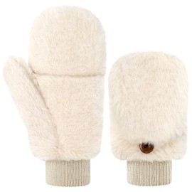 Women Mittens Winter Fur Gloves Flip Cover Gloves with Faux Fur Convertible Warm Flip Top Mitten Soft Fingerless Fur Mittens (Beige White)