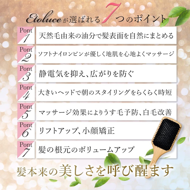 Etoluce Natural Pig Hair Brush, Tangle-Free Comb, Scalp Massage, Japanese