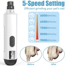 Dog Nail Grinder, Dog Nail Trimmers and Clippers Kit, 5 Speeds Nail Grinder for Dogs, Rechargeable Dog Nail Grinder with LED Light, Nail Grinder for Dogs Quiet, Nail Trimmer Nail Grinder for Dogs Cats