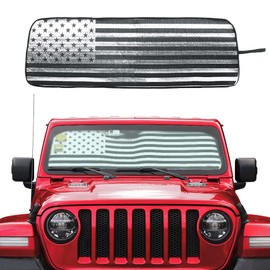 Savadicar Windshield Sun Shade with USA Flag for 2018-2024 Jeep Wrangler JL JLU & Gladiator JT, Sunshades Heat Shield, Aluminum Foil Triple Laminate Structure, Silver