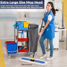 CLDREAM 24" Commercial Dust Mop for Floor Cleaning, Large Industrial Dust Broom Mop with 2 Cotton Reusable Mops Head,Heavy Duty 60" Long Handle Wet Dry Mops for Hardwood, Tiles, Marble Floors,Blue