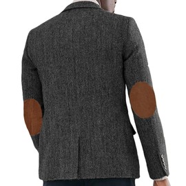 Men‘s Herringbone Blazer with Faux Suede Elbow Patches Textured Tweed Sport Coat Vintage Academic Casual Jacket Gray L