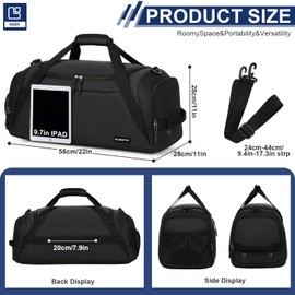 FIORETTO 45L Mens Sports Gym Bag with Wet Pocket & Shoe Compartment, Travel Duffle Bag Overnight Bag with Padded Shoulder Strap, Water-Resistant Holdall for Swimming, Basketball, Football Black