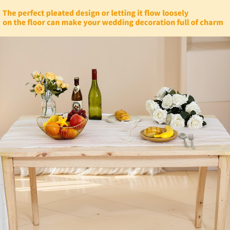 2 Pcs White Table Cloth with Pearls 1.5x3m Tulle Tablecloth