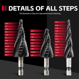 CKductpro M35 Cobalt Four Spiral Flute Step Drill Bit,1/8"-7/8" (3 pcs) Impact Resistant M35 HSS AlTiN Coated,1/4" Hex Shank Step Bit for Hole Drilling in Stainless Steel, Copper, Aluminum, Wood
