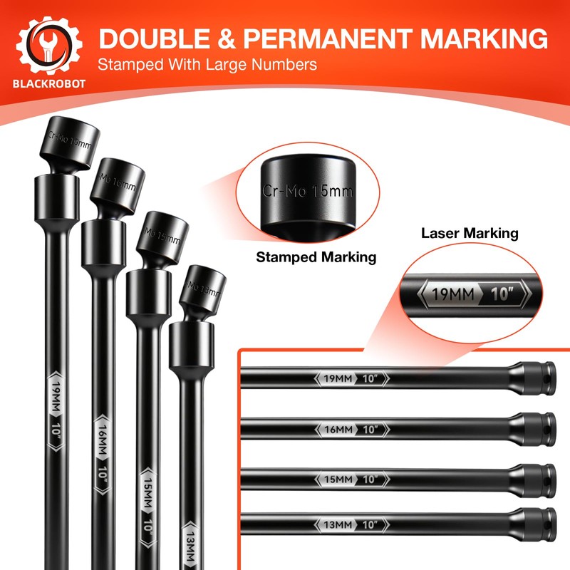 BLACKROBOT 10-Inch 3/8" Drive Impact Swivel Extension Socket Set -