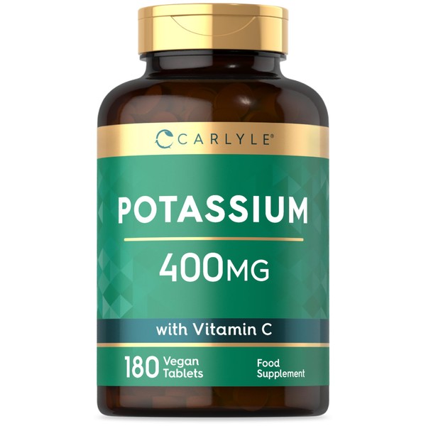 Potassium Supplement 400mg with Vitamin C 100mg | 180 Vegan Tablets | Contributes to Normal Blood Pressure, Muscle Function and Nervous System Function | Immune System Support | by Carlyle