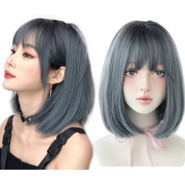 Jorla  Peluca Natural Ondulada Verde Azulado Corto Con Flequillo