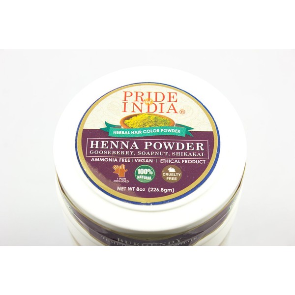 Pride Of India - Herbal Henna (Lawsonia Inermis) Hair Color Powder w/Gloves - Burgundy, Half Pound (8oz - 227gm) Jar
