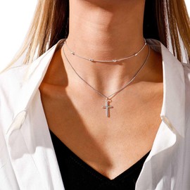 Yienate Boho Layered Cross Necklace Choker Vintage Silver Cross Pendant Necklace Bead Satellite Choker Multilayer Statement Cross Necklace Jewelry for Women and Girls