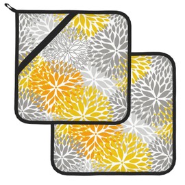 Pot Holders for Kitchen,Yellow Grey Dahlia Pot Holder 2PCS Kitchen Heat Resistant Potholder for Microwave Cooking Baking Oven End Dishes and BBQ