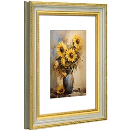 KSROECUD 9x12 Picture Frame for 6x8 Photo with White Mat, HD Real Glass 9x12 Vintage Photo Frame with Gold Green Texture Border Horizontal & Vertical Display for Tabletop or Wall Decor (1 Pack)