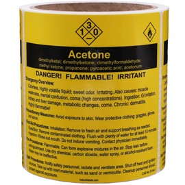 Acetone Chemical Safety Procedure Stickers 4 x 4 Inches, Yellow with Black Text, Emergency Overview, Precautionary Measures, First Aid, Fire, Spill Procedures, Chemical Safety Info, 100-Pack