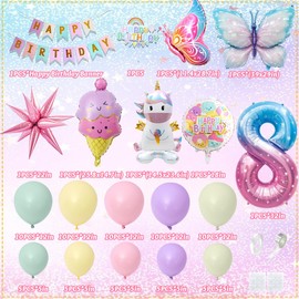 8th Birthday Decorations Girls, Unicorn Butterfly Foil Balloons, Pastel Balloons, Happy Birthday Banner, Party Supplies for Kids Girls Children Birthday