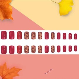24Pcs Thanksgiving Press on Nails Short Length Maple Leaves False Nails Fall Acrylic Nails Square Nails Red Full Cover Glossy Reusable Coffin Nails Glue on Nails for Women Autumn Festival Nails