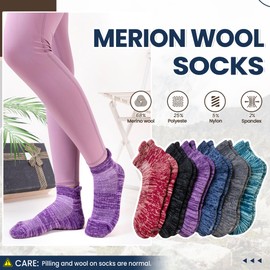 AMENLAN Merino Wool Ankle Socks Running Half Cushioned Men Women Hiking Thick No Show Socks 6 Pairs (Grey/Blue/Purple,Large)
