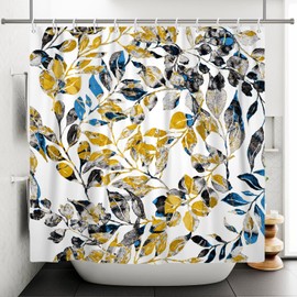 ChloropLastid Watercolor Leaves Shower Curtain 72x72 Inch Abstract Gold and Blue Eucalyptus Leaf Nature Plant Bath Curtain Boho Botanical Flower Bathroom Decor Waterproof Fabric