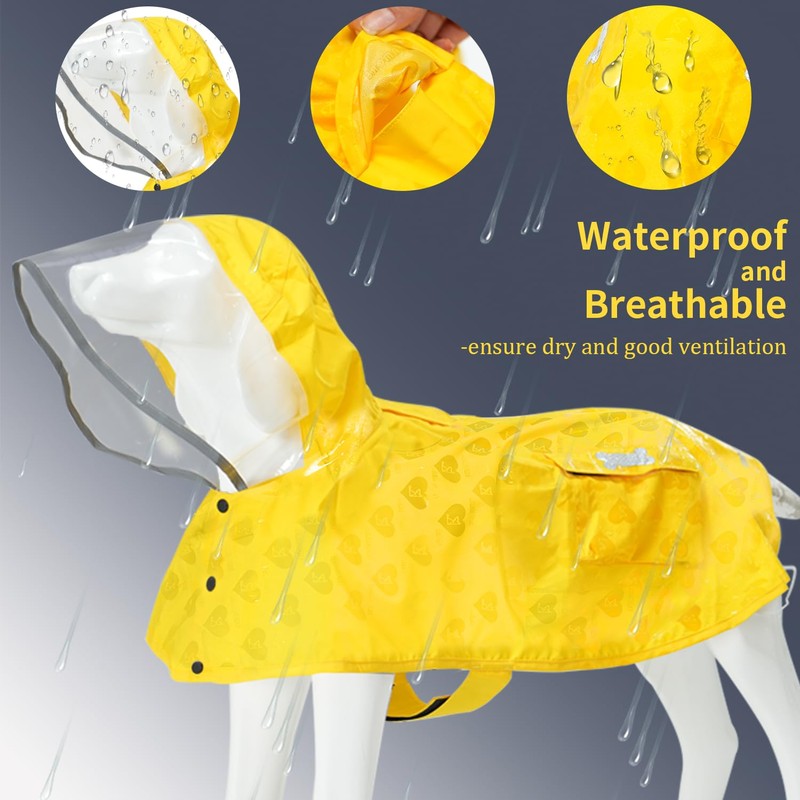 Waterproof Dog Raincoat, Adjustable Reflective Lightweight Pet Rain Clothes with