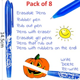 8 Erasable Pens Blue - Eraser Pen Rub Out Pens, Erasable Pen with Eraser, Friction Pens with Rubbers on the End, Erasable Gel Pens that Rub Out, Writing Pens for Kids Adults School Supplies Stationary