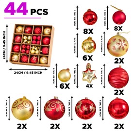 Christmas Tree Decorations Baubles 44 Pcs – Hanging Ball Ornaments Sets – Shatterproof 3 & 6cm Plastic Balls for Festive Holiday – Ideal for Home, Trees, Weddings, and Party Decor (Red & Gold)