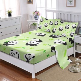 XYNHML Cartoon Black White Panda Sheet Twin 4Pcs Animal Themed Bamboo Heart Pattern Bedding Set for Kid Teen Girl Boy Bed Decor Green Paw Sheet with 1 Flat Sheet and 1 Fitted Sheet+2 Pillowcases