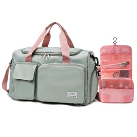 Small Gym Bag for Women, Travel Duffle Bag Carry On Weekender Bag with Shoe Compartment, 20#Green(Foldable), Foldable Gym Bag&toiletry Bag