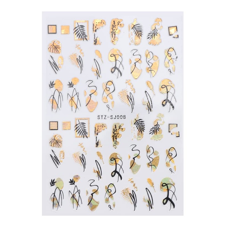 LANODO 2038 Nail Stickers, 9 Pieces, 3D, Black, Gold, Art,